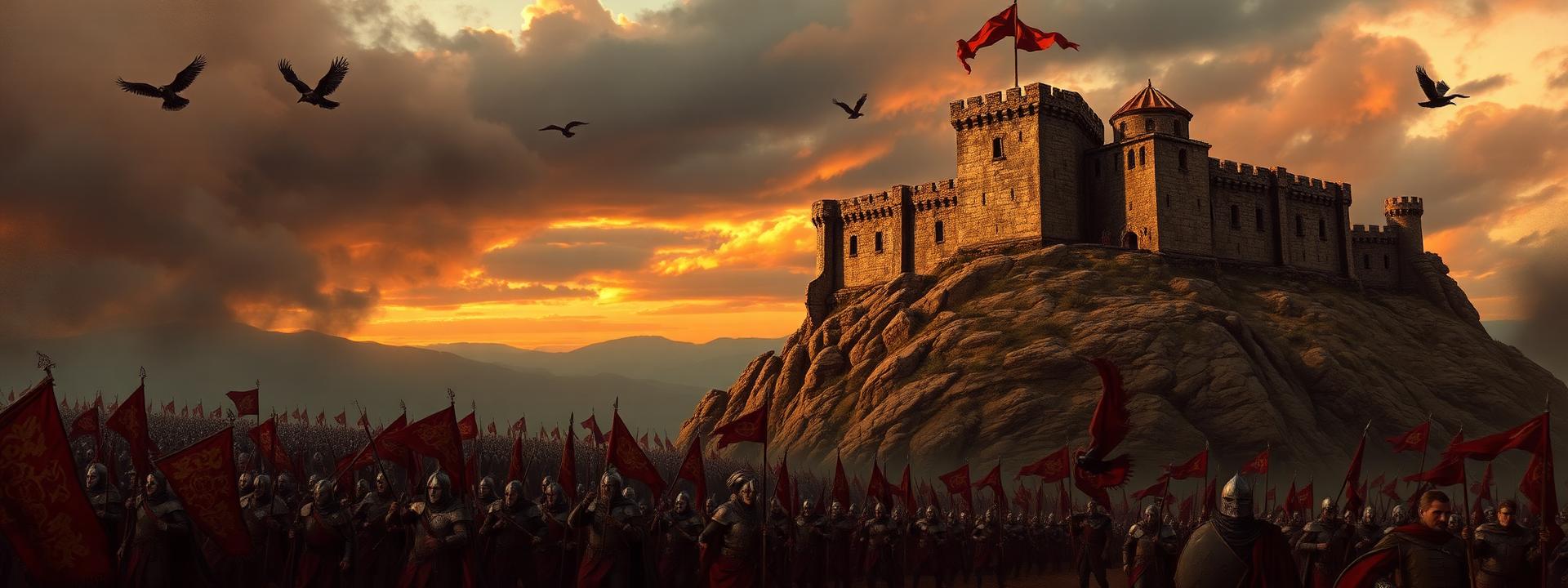 Marching armies beneath a mountain keep at dusk